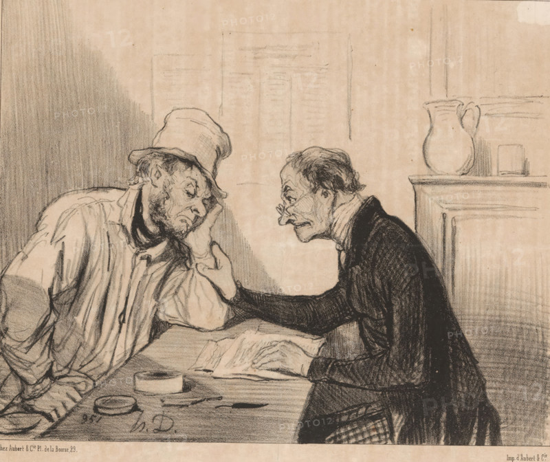 Plaidez, Businessman urges farmer to sue his neighbor, Legal world, People of justice, cartoon, Series number, 29, 39, printmaker: Honoré Daumier, Paris, printer (person): Aubert & Cie., 1846, printer (person), paper, lithography, height 244 mm x width 346 mm, Print used for: Le Charivari, 18-11-1846., caricatures (human types), law and jurisprudence, Recommendation, Inducement, Incitement, A charcoal drawing shows two men facing each other across a table. One man wears a floppy hat and loose shirt, resting his head on his hand with a weary expression. The other man, wearing a dark coat and spectacles, leans forward with one hand touching the seated man’s face and the other hand placed on an open book on the table. On the table are small round containers and scattered papers. In the background a pitcher sits on a mantel or shelf against a plain wall.