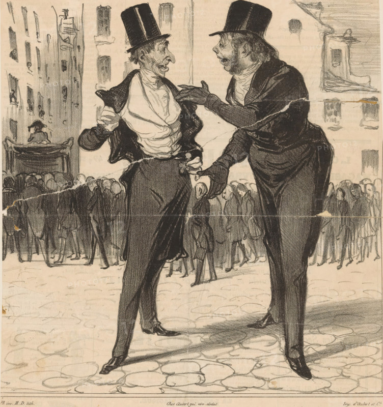 Robert Macaire explains to Bertrand how to deceive the public, Caricatures, Caricaturana, cartoon, Series number, 70, 100, printmaker: Honoré Daumier, after design by Charles Philipon, printer (person): Aubert & Cie., Paris, 1837, printer (person), paper, lithography, letterpress printing, lithography with text in letterpress on verso, height 268 mm x width 219 mm, Print possibly from: Le Charivari, December 24, 1837., cortege, funeral procession, quack, charlatan, mountebank, 'saltimbanco', Two tall men in dark coats and high top hats stand facing each other in the foreground, one with an exaggerated long nose and open mouth and the other with a rounder face and open mouth, both gesturing with gloved hands; the man on the left has a white shirt with visible creases and a dark jacket draped off one shoulder, while the man on the right wears a dark cloak-like garment. Behind them a crowd of figures is sketched in with indistinct faces, and buildings with simple window shapes rise in the...