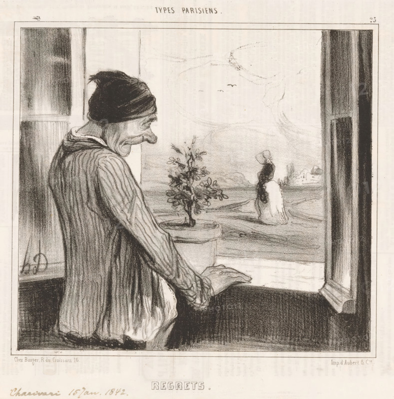Regrets, Old man sees woman through open window, Parisian types, Types Parisiens, cartoon, Series number, 25, 50, printmaker: Honoré Daumier, printer (person): Aubert & Cie., Paris, publisher: Bauger, 1842, printer (person), paper, lithography, letterpress printing, lithography with letterpress text on verso, height 247 mm x width 340 mm, A monochrome drawing of an older person seen from the side standing at a window, wearing a knitted cap and a loose striped coat, with visible facial wrinkles and a pronounced nose; their hands rest on the window sill near a small potted plant with slender branches and leaves; outside the window a distant figure in a long dress and bonnet stands on a plain with a few low hills and a small cluster of buildings on the horizon; the interior shows heavy drapery framing the window and a dark floor area beneath the sill.