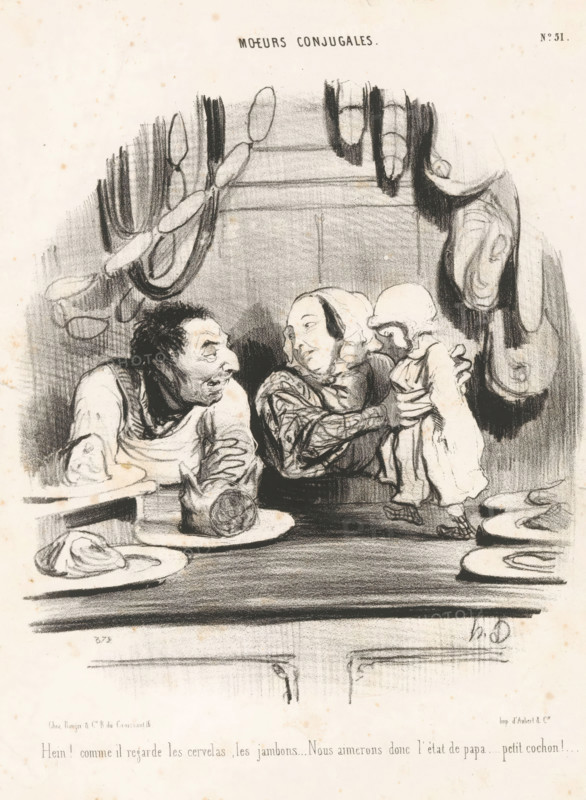 Butcher with his wife and small son, Hein! Comme il regarde les cervelas, Family situations, Moeurs conjugales, cartoon, Series number, 51, 60, printmaker: Honoré Daumier, Paris, printer (person): Aubert & Cie., publisher: Bauger, 1842, printer (person), paper, lithography, height 337 mm x width 253 mm, Print used for: Le Charivari, May 8, 1842., butcher, slaughterman, caricatures (human types), parents with their children, male infant, A charcoal-style drawing of an interior scene showing three figures behind a counter with hanging sausages and cured meats above them; an older man on the left leans forward with an animated expression and a loose shirt and apron, a woman in the center wearing a headscarf and patterned sleeves looks toward a small child on the right who is dressed in a long garment and bonnet and is being held up by the woman's hands; on the counter in front of them are plates with round food items and a loaf of bread, and the background includes shaded wall panels and ...