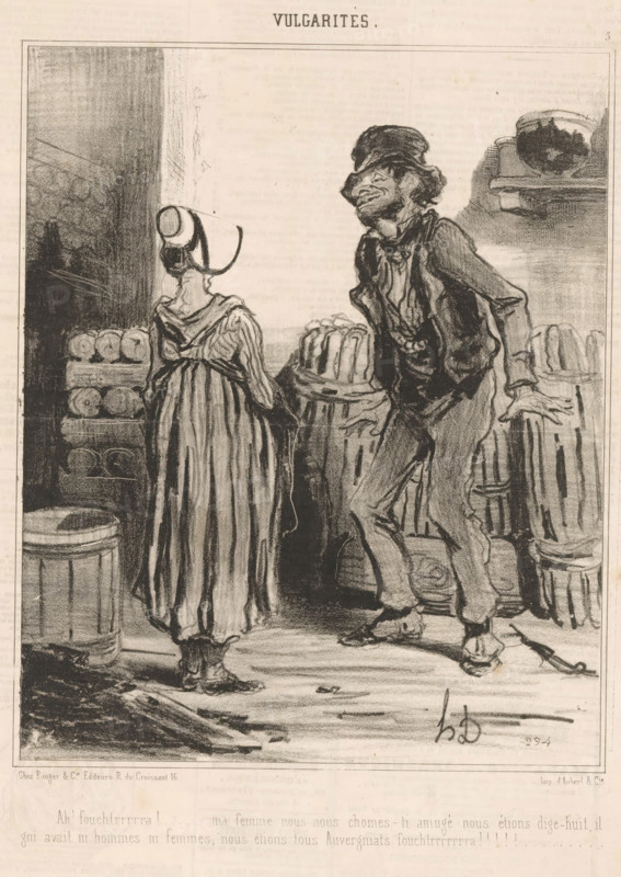 Woman at a coal merchant from the Auvergne, Ah! Fouchtrrra!.. Ma femme nous nous chomes-ti amugé, Banal situations, Vulgarités, cartoon, Series number, 5, 10, printmaker: Honoré Daumier, Paris, printer (person): Aubert & Cie., publisher: Bauger, 1841, printer (person), paper, lithography, height 322 mm x width 231 mm, Print used for: Le Charivari, July 11, 1841., caricatures (human types), persons engaged in trade and commerce, A charcoal illustration of an interior scene showing two figures standing among barrels and stacked round objects; a woman seen from behind wears a long draped dress and a bonnet with a ribbon, while a man facing her wears a hat, loose jacket, and trousers and leans forward with hands near the tops of barrels; shelves and stacked containers occupy the background, and a large rounded vessel rests on a high shelf, with a bucket or pail on the floor and rough floorboards beneath them.