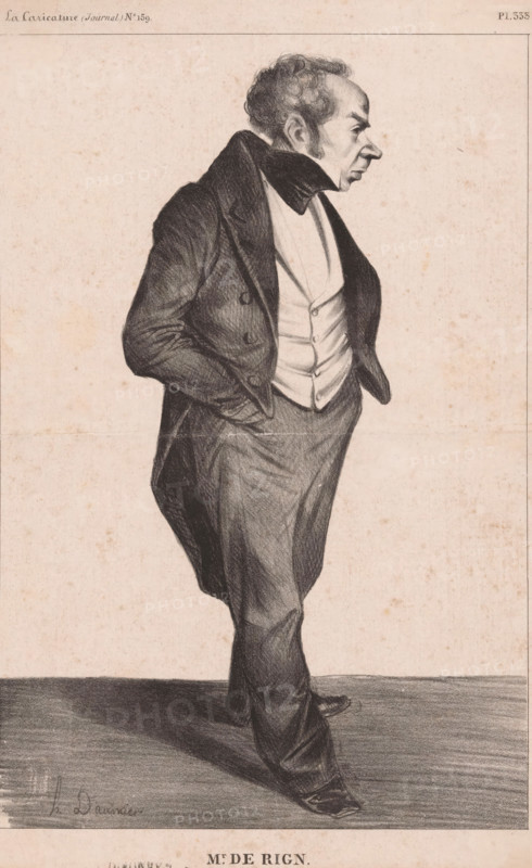Mr. de Rign, Caricature by Henri de Rigny, cartoon, print, stamp: 'L'anno ...', printmaker: Honoré Daumier, printer (person): Becquet, Paris, publisher: Aubert & Cie., 1833, Honoré Daumier, Becquet, Aubert & Cie., printmaker, printer (person), publisher, paper, lithography, height 331 mm x width 226 mm, Print published in: La Caricature, November 21, no. 159, pl. 333., Person, Henri de Rigny, historical persons, political caricatures and satires, caricatures (human types), A charcoal-style profile drawing of a man standing and facing to the right, shown from head to toe, wearing a dark overcoat with broad lapels over a lighter waistcoat and dark trousers, his hands tucked into his coat pockets and one foot slightly forward, with short curly hair, pronounced facial features, and a high collar framing his neck, rendered on a textured, lightly speckled paper background with a shadow cast on the ground beneath him.