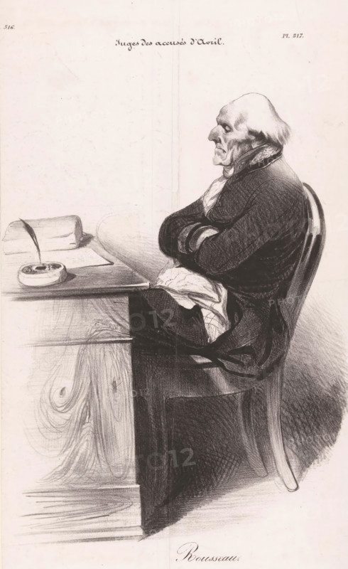 Caricature of Jean-Joseph Rousseau, Rousseau, Judges of the Accused of April, Juges des accusés d'Avril, print, printmaker: Honoré Daumier, 1835, Honoré Daumier, printmaker, paper, lithography, lithografie, height 369 mm x width 201 mm, A seated older man is shown in profile facing left with folded arms and a high-collared coat, his face rendered with deep lines and a prominent nose and chin, his hair thin and swept back. He sits on a curved wooden chair next to a desk surface that holds a round inkwell with a quill and a rolled bundle resting on the tabletop. The drawing uses shaded charcoal or pencil strokes with detailed cross-hatching on the man's clothing and softer shading on the desk and background. The desk front shows woodgrain texture and swirling patterns, and a folded cloth drapes over the man's lap. The overall image is monochrome with strong contrasts between light and dark areas.