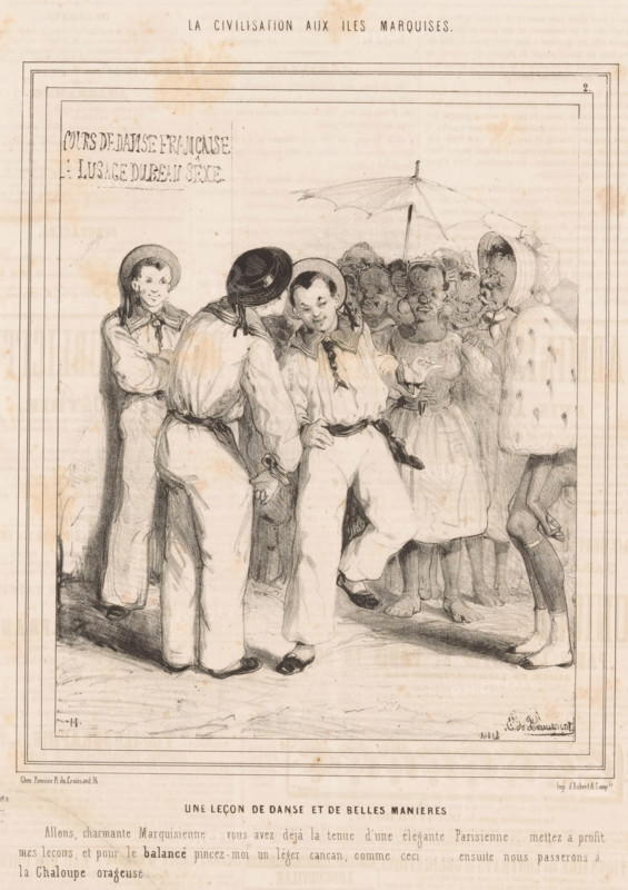 A dance lesson and manners, Caricature of three French sailors giving a dance lesson, Anecdotes from the Marquesas Islands, Civilization on the Marquesas Islands, cartoon, Series number, 2, 22, The sailors give a dance lesson to a group of female inhabitants of the Marquesas Islands, who are dressed in Parisian fashion. They want to teach them various French dance forms, such as the cancan and the chaloupe orageuse., number: '17', printmaker: Edouard de Beaumont, printer (person): Aubert & Cie., Paris, publisher: Pannier & Cie., 1843, printer (person), paper, lithography, letterpress printing, lithography with text in letterpress on recto and verso, height 363 mm x width 240 mm, The print from: Le Charivari, 1843. The printmaker of the series mocks the original inhabitants of the Marquesas archipelago and the French colonial rulers., dancing, colonial system, Australian and Oceanian races (caricatured), training, ballet, French Polynesia, Marquesas Archipelago, A group of people stand ...