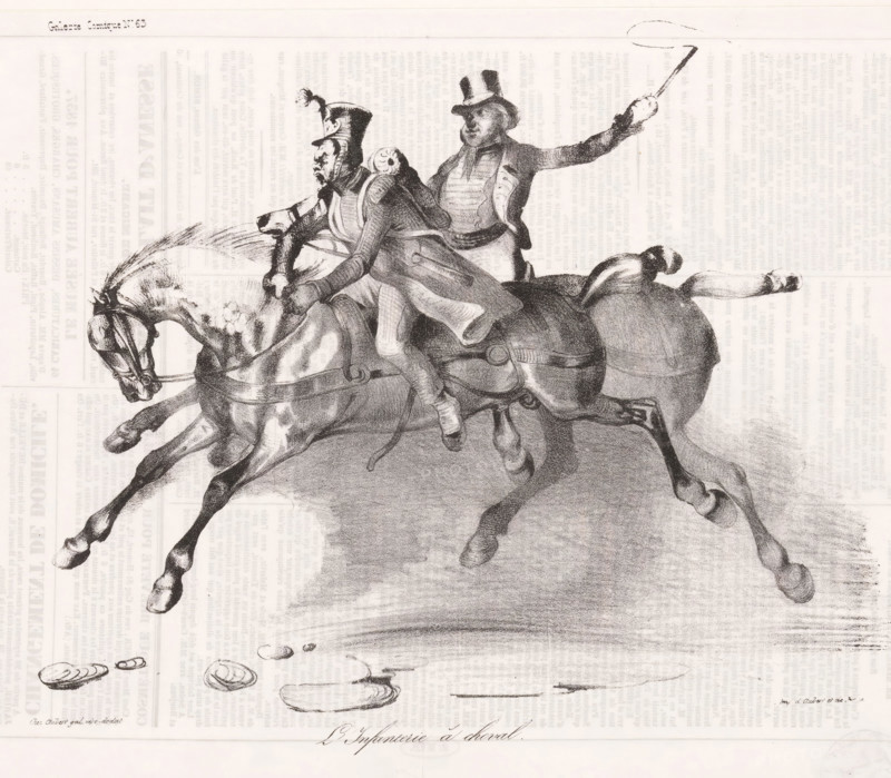 Horseback infantry, Caricature of mounted infantry, Comic events from everyday life, Comic gallery, cartoon, Series number, 63, A soldier on horseback is driven forward by a rider with a whip., annotation: '196', stamp: 'Timbre Royal Seine 3 c.', printmaker: Victor Adam, France, printer (person): Aubert & Junca, Paris, publisher: Aubert & Cie., 1837-09-21, printer (person), paper, lithography, letterpress printing, lithography with text in letterpress on verso, height 241 mm x width 355 mm, A grayscale drawing of two men riding a rearing horse, one man seated in front wearing a tall helmet with a plume and military-style clothing, the other behind him wearing a top hat and coat while holding a riding crop raised behind them; the horse is shown in dynamic motion with flared nostrils, visible bridle and saddle, and legs extended; beneath the horse are several circular brushstroke shapes suggesting splashes, and faint printed text fills the background like a newspaper texture.