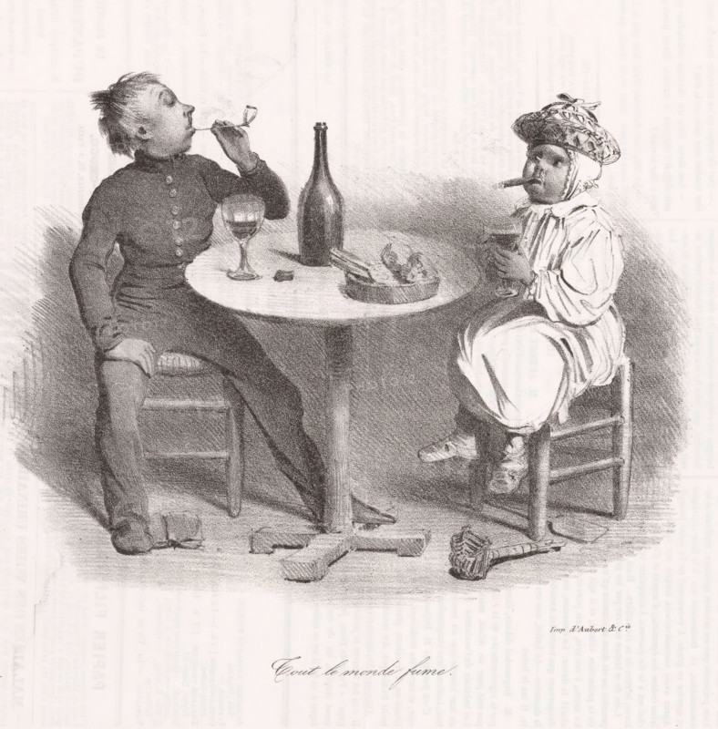 Tout le monde fume, Twee rokende kinderen, cartoon, Een pijprokend en een sigaarrokend kind, beide met een glas wijn., annotation: '290', printmaker: Victor Adam (possibly), France, printer (person): Aubert & Cie., Paris, 1838-10-10, printer (person), paper, lithography, letterpress printing, lithography with text in letterpress on verso, height 238 mm x width 356 mm, A monochrome drawing shows two seated children at a round table with a tall bottle and two stemmed glasses on it, one child on the left wearing a buttoned jacket and leaning back while holding a pipe to their mouth, the other child on the right wearing a patterned cap and loose clothing, holding a glass and with a cigar in their mouth; a small dish with food sits on the table, broken pieces and a pipe lie on the floor, and both children sit on simple wooden chairs.