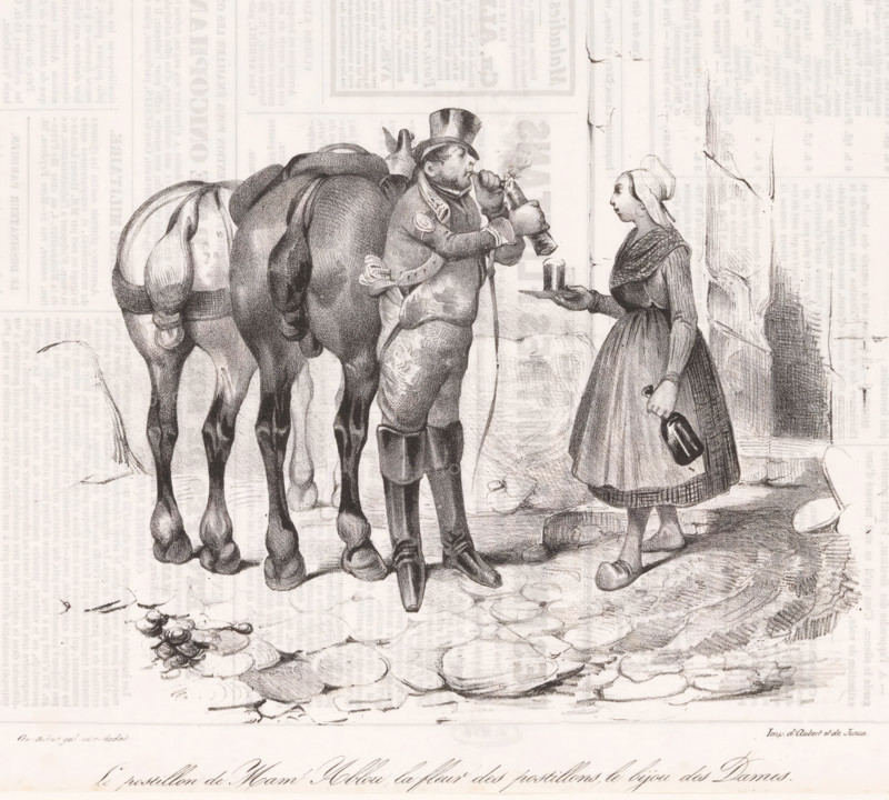 Mam's Postman Ablou, the flower of postmen, the jewel of ladies., Courier lights his pipe next to a horse, Comic events from everyday life, Comic gallery, cartoon, Series number, 68, A postman lights his pipe, while a peasant woman offers him wine., stamp: 'Timbre Royal Seine 3 c.', annotation: '225', printmaker: Victor Adam, France, printer (person): Aubert & Junca, Paris, publisher: Aubert & Cie., 1837-10-14, Victor Adam, Aubert & Junca, Aubert & Cie., printmaker, printer (person), publisher, paper, lithography, letterpress printing, lithography with text in letterpress on verso, height 242 mm x width 359 mm, A black and white drawing shows a man standing beside a loaded horse and facing a woman; the man wears a tall hat, a coat with visible buttons and patches, fitted trousers, and boots, and he is holding a bottle to his mouth while breathing out smoke; the horse is seen from the rear with saddlebags and a tail, its legs and hooves detailed; the woman wears a headscarf, a shawl ove...