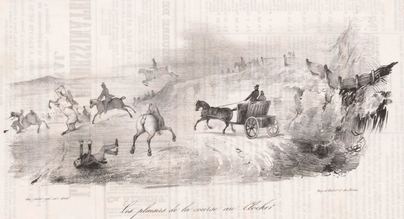 The fun of the horse race, Horse race in the field, Comic events from everyday life, Comic gallery, cartoon, Series number, 67, Various riders participate in a horse race in the open field, in which one has fallen., stamp: 'Timbre Royal Seine 3 c.', annotation: '227', printmaker: Victor Adam, France, printer (person): Aubert & Junca, Paris, publisher: Aubert & Cie., 1837-10-11, printer (person), paper, lithography, letterpress printing, lithography with text in letterpress on verso, height 235 mm x width 349 mm, A wide, sepia-toned engraving shows a rural scene with several horses and riders moving across uneven ground; some horses are rearing or leaping while riders appear perched or falling, and one rider is depicted on the ground with arms raised. Toward the right, a horse pulls a small two-wheeled carriage with two seated figures, one holding the reins. The landscape includes rolling hills, a distant fence line with figures beyond it, and a cluster of trees and brush on the far rig...