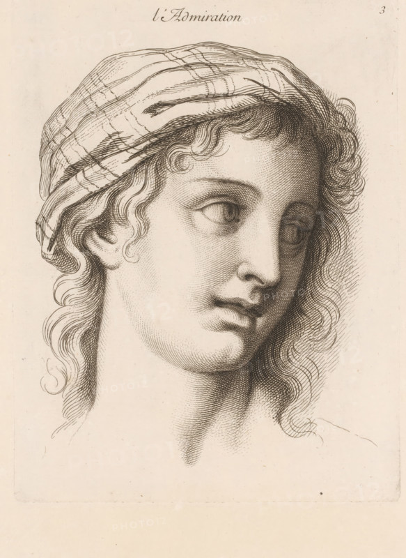 Admiration, L'admiration, print, book illustration, Series number, 3, 20, printmaker: Jean Audran, Paris, after drawing by Charles Le Brun, publisher: Jean Audran, grantor of privilege: Louis XV of France, 1727, Jean Audran, Charles Le Brun, Louis XV of France, printmaker, after drawing by, publisher, grantor of privilege, paper, etching, intaglio printmaking technique, height 253 mm x width 194 mm, A close-up ink drawing of a young person’s face turned slightly to the side, showing detailed crosshatching and fine linework; they wear a loosely draped cloth over the top of the head with visible folds and linear patterns, and curly hair peeks out around the forehead, temple, and neck; the eyes are large with detailed irises and lashes, the nose is straight and shaded with fine lines, and the lips are softly defined; the neck shows subtle shading and the background is a plain light tone.