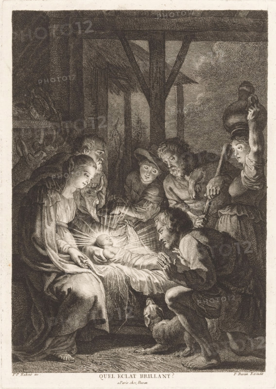 Adoration of the shepherds, Quel eclat brillant?, print, printmaker: Pierre François Basan, France, after design by Peter Paul Rubens, Paris, 1733 - 1797, paper, engraving, intaglio printmaking technique, height 302 mm x width 213 mm, adoration of the Christ-child by the shepherds, Mary and Joseph present, dog, A monochrome scene shows a group of people gathered around an infant lying on draped cloth, light rays appearing to emanate from the baby. A woman sits close, leaning toward the child with hands near the cloth, while an older bearded man and other figures bend or kneel in reverent postures around the bed. A man in the foreground kneels with hands clasped near the infant and a dog sits beside him looking up. A figure at the right carries a large vessel on the head and holds a staff, and other people stand or lean in the background beneath wooden beams and a thatched roof, with textured shading filling the surrounding space.