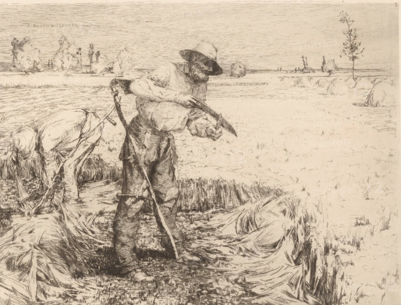 Mowers in the field, print, Top right numbered 1., watermark, printmaker: Jules Bastien-Lepage, France, 1858 - 1884, paper, etching, drypoint, intaglio printmaking technique, height 196 mm x width 259 mm, reaping, picking, mowing, harvest, agricultural implements: scythe, sharpening, grinding (industrial processes), A monochrome line drawing shows two men working in a field, one standing in the foreground wearing a hat and holding a long curved tool while gripping a small object, the other bent over with hands near the ground. The scene includes bundles of cut stalks scattered around and a shallow trench or furrow beneath the figures. In the background there is a flat landscape with distant trees and isolated small bushes, and a tall, thin tree near the right edge of the image. The sky is filled with fine horizontal lines and the overall image has a sketch-like, etched texture.