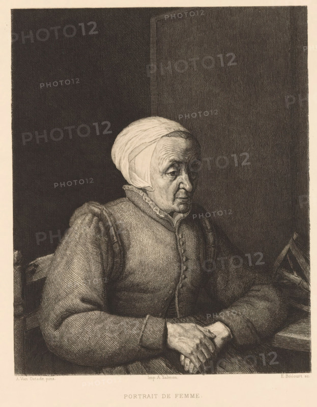 Portrait of an old woman, print, printmaker: Etienne Gabriel Bocourt, France, after painting by Adriaen van Ostade, printer (person): Alfred Salmon, Paris, 1863 - 1882, printer (person), paper, etching, drypoint, intaglio printmaking technique, height 253 mm x width 203 mm, historical persons, old woman, A monochrome engraving of an older woman seated in three-quarter profile, wearing a close-fitting cap and a high-collared garment with buttoned front and puffed sleeves, her hands folded in her lap, her face showing detailed lines and a composed expression, set against a dark, heavily hatched background with a lighter vertical panel behind her.