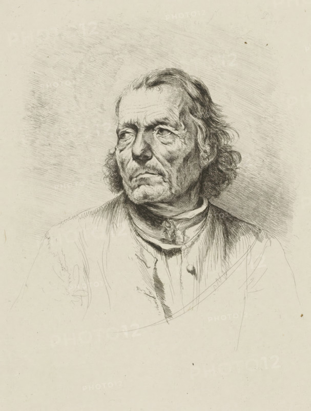 Portrait of an unknown man, print, printmaker: Jean Jacques de Boissieu, France, 1770, paper, chine collé, etching, etching on chine collé, height 238 mm x width 181 mm, old man, historical persons (portraits and scenes from the life), A detailed black and white pen or etching portrait of an older man shown from the shoulders up, facing slightly to the viewer's left, with a lined forehead, deep-set eyes looking into the distance, pronounced cheekbones, a downturned mouth, and textured skin. His hair is shoulder-length, wavy, and darker around the sides with a receding top, and he has sideburns blending into the hair. He wears a high-collared shirt with visible folds and a jacket over it, rendered with fine crosshatching and varied line density; the background consists of shaded, parallel etching lines that create a subtle halo around the head. The lower portion of the page is mostly blank with faint sketch lines and paper texture visible.