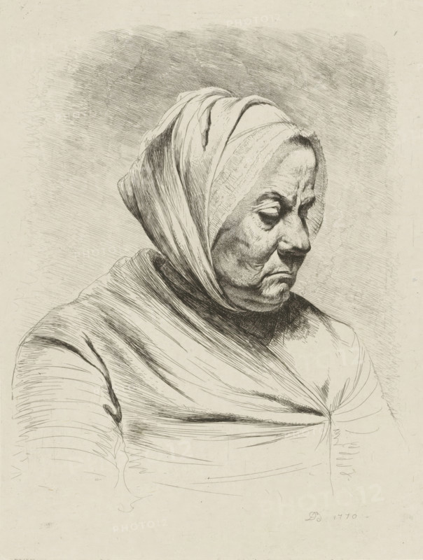 Old woman in profile, print, printmaker: Jean Jacques de Boissieu, France, 1770, paper, chine collé, etching, stipple work, etching and stipple work on chine collé, height 239 mm x width 180 mm, old woman, historical persons (portraits and scenes from the life), A detailed ink drawing of an older person in three-quarter profile facing right, wearing a headscarf that wraps around the head and neck and drapes over the shoulders, with deep etched lines and shading defining facial wrinkles, a downturned mouth, prominent nose, and heavy eyelids; the clothing shows flowing folds and crosshatching, and the background is filled with fine, textured hatch marks.
