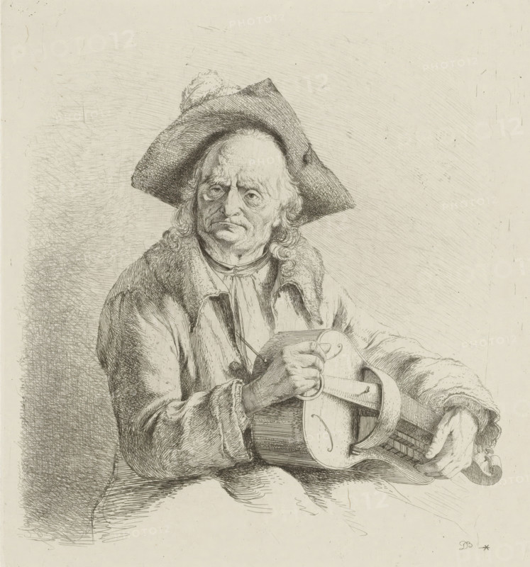 Man playing a lyre, print, printmaker: Jean Jacques de Boissieu, France, 1771, paper, chine collé, etching, etching on chine collé, height 203 mm x width 188 mm, hurdy-gurdy player, A detailed black and white pen drawing of an older person seated and holding a stringed instrument, wearing a wide-brimmed hat with a small plume and a heavy coat with a textured collar, the face showing pronounced lines and a solemn expression, curly hair visible at the sides, one hand gripping the instrument's neck while the other rests on its body, the background filled with fine cross-hatched lines and shading.