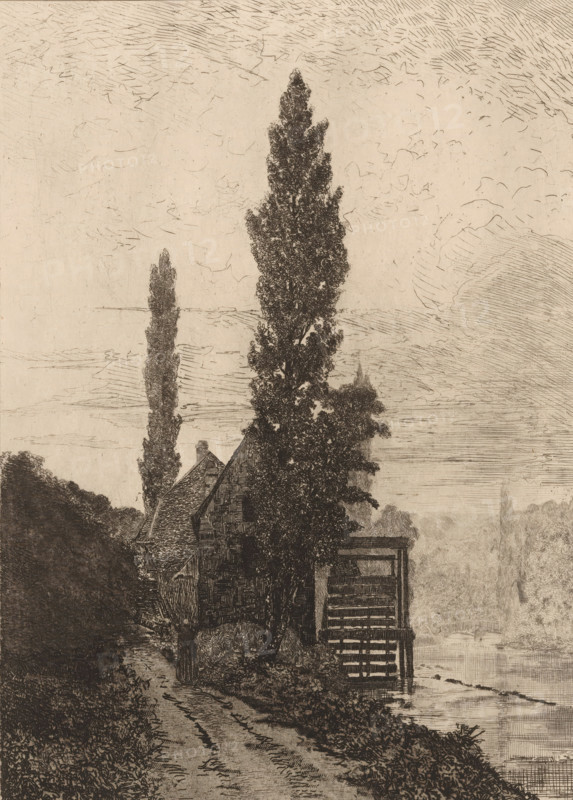 House along a river and a sandy path, print, printmaker: Léon Boudot (possibly), 1851 - 1930, paper, etching, roulette, intaglio printmaking technique, height 280 mm x width 199 mm, cottage, road, path, river, A monochrome etching showing a riverside scene with tall, narrow trees rising beside a steep-roofed house partially obscured by foliage, a dirt path curving past dense shrubbery toward the foreground, wooden steps leading down to the water, and a calm stretch of river with distant, faint shoreline features under a sky filled with fine, horizontal and curved hatch marks.