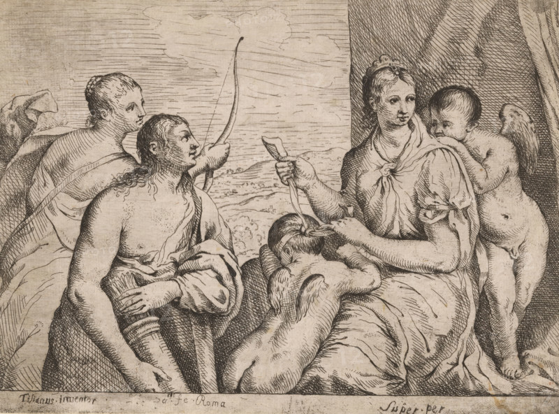 Venus blindfolding Cupid, print, printmaker: Louis de Boullogne (I), Rome, after design by Titian, 1619 - 1674, paper, etching, stippelwerk, intaglio printmaking technique, height 185 mm x width 253 mm, Venus and Cupid (Cupid not being mere attribute), blindfold, A detailed etching shows a group of figures arranged closely together against a lightly shaded sky and a textured draped backdrop. A seated woman on the right wears a loose garment with folds and a small crown or headpiece, holding a slender object between her fingers while looking slightly left. A winged child stands behind her, leaning forward with one arm touching her shoulder. In front of the seated woman a reclining male figure rests his head on folded arms, his back exposed and hair short. To the left a bare-chested man with long hair and a cloth draped around his waist and shoulder looks toward the woman, his hands positioned near his midsection. Behind him another partially draped figure looks outward, and a bow with a...