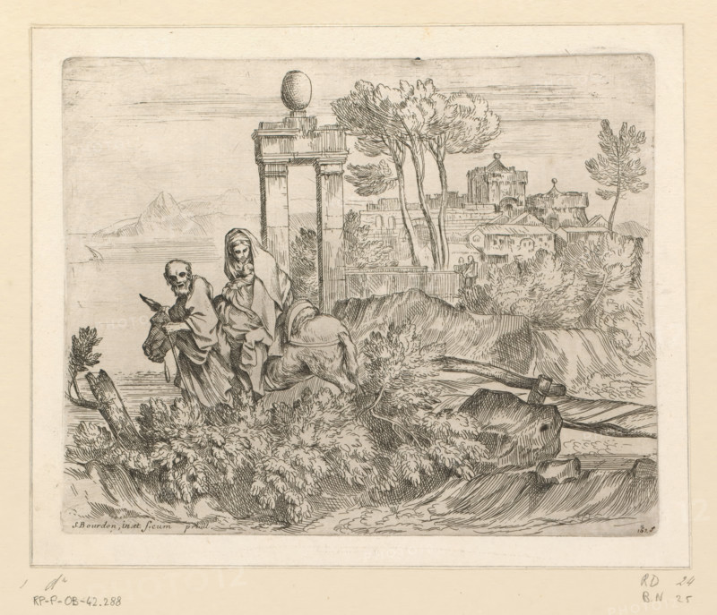 Flight into Egypt, Scenes from the Flight into Egypt, print, number: '1628', inscription: 'de vluchtt van egipten door bourdon, no 45', printmaker: Sébastien Bourdon, 1626 - 1671, unknown, grantor of privilege, paper, etching, intaglio printmaking technique, height 181 mm x width 226 mm, Part of a series of six prints with scenes from the Flight into Egypt., the flight into Egypt: Mary, Joseph, the child (and sometimes others) on their way, Mary usually riding on an ass, A detailed black and white etching shows two robed figures standing on a rocky foreground with dense low bushes and a fallen tree trunk, one figure carrying a small child and the other holding a staff and wearing a hood, an animal with rounded back is positioned near them. Behind the figures are classical architectural elements including a tall columned gateway topped with a spherical ornament and a distant walled settlement with towers and clustered roofs. Slender trees with textured foliage rise beside the buildings,...