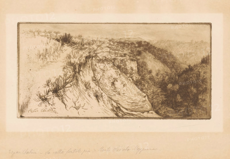 Valley near Monte Oliveto Maggiore, Impressions d'Italie, print, printmaker: Edgar Chahine, publisher: Edmond Sagot, 1906, Edgar Chahine, Edmond Sagot, printmaker, publisher, paper, etching, intaglio printmaking technique, drypoint, drypoint and plate tone in brown, height 104 mm x width 211 mm, Part of a series titled: 'Impressions d'Italie', consisting of fifty plates and a title print with various views of Italy., dale, valley, Monte Oliveto Maggiore, A sepia-toned etching of a rugged cliff edge with sparse grasses and low shrubs growing along the top and down the sloping rock face, the foreground showing detailed line work of windblown vegetation and textured rock layers, the middle ground revealing a steep descent into a densely etched valley filled with darker, leafy trees and tangled undergrowth, and the distant horizon rendered with softer, faint lines and a pale sky; the image is bordered by a rectangular frame and mounted on a lighter margin of paper.