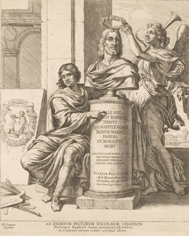 Title print with Nicolas Chaperon, seated next to a bust of Raphael laureated by fame, Sacrae Historiae Acta a Raphael Urbin in Vaticanis xystis ad picturae miraculum expressa, Raphael Bible, print, title print, printmaker: Nicolas Chaperon, France, publisher: Pierre Mariette (I), Paris, grantor of privilege: Louis XIV (king of France), dedicated to: Raphael, 1649, Louis the title print for Sacrae Historiae Acta a Raphael Urbin in Vaticanis xystis ad picturae miraculum expressa, also known as the Raphael Bible. The series consists of 54 plates, two of which are title prints: the first dedicated to Raphael, the second to Renard. The remaining 52 plates depict compositions by Raphael based on paintings in Raphael's Loggia in the Vatican. The series was published in 1649 by Pierre Mariette in Paris. Person, Raphael, portrait, self-portrait of artist, Fama as Roman personification, crowning with laurel, A sepia-toned engraving shows three central figures in classical drapery arranged aroun...