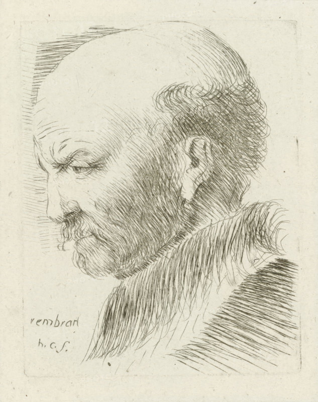 Head of an old man bald on top and in profile, print, printmaker: Honoré Coussin, France, after design by Rembrandt van Rijn, 1708 - 1779, paper, etching, height 95 mm x width 74 mm, old man, baldness, moustache, A detailed pen-and-ink profile of a balding man shown from the shoulders up, with a high forehead, closed eyes, a pronounced nose, a full beard and mustache rendered with short, directional strokes, and a textured ear. The hair at the back and sides of his head is depicted with looping, cross-hatched lines, and similar fine lines create shading across his face and neck. The garment around his shoulders appears furred or heavily textured with long, parallel strokes. The background is plain with faint rectangular border lines and a few scattered tiny marks on the paper.