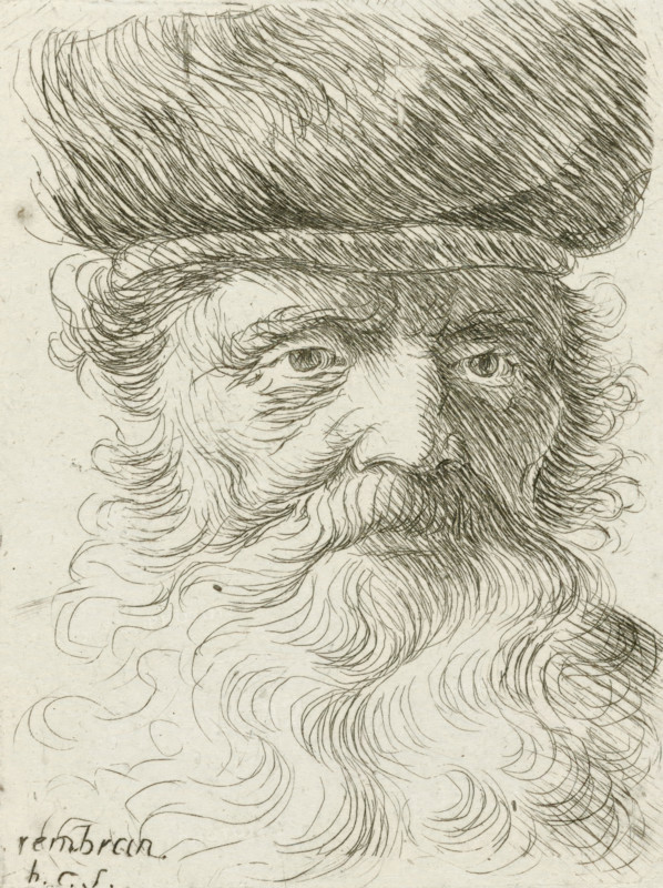 Head of an old man with a beard, print, printmaker: Honoré Coussin, France, after design by Rembrandt van Rijn, 1708 - 1779, paper, etching, height 96 mm x width 73 mm, old man, beard, A close-up ink drawing of an older man wearing a tall, rounded hat, showing his eyes, nose, and flowing beard and hair rendered in fine, curved hatch marks and swirling lines; one side of his face is heavily shaded while the other has lighter, delicate strokes, and his hair and beard consist of long, wavy, ribbon-like curls extending down the page.