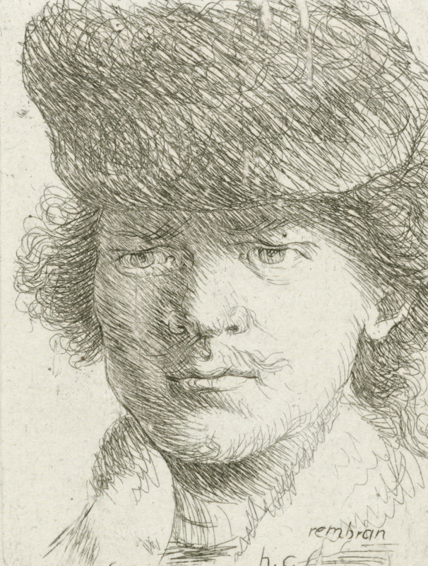 Portrait of Rembrandt with high hat, print, printmaker: Honoré Coussin, France, after design by Rembrandt van Rijn, 1708 - 1779, paper, etching, height 90 mm x width 68 mm, Person, historical persons, portrait, self-portrait of artist, head-gear: cap (men's clothes), A close-up pen or ink sketch of a person's face wearing a textured hat, showing detailed crosshatched shading and curly hair at the sides, with visible eyes, nose, mustache, and slightly parted lips, and layered lines indicating facial contours and shadows.