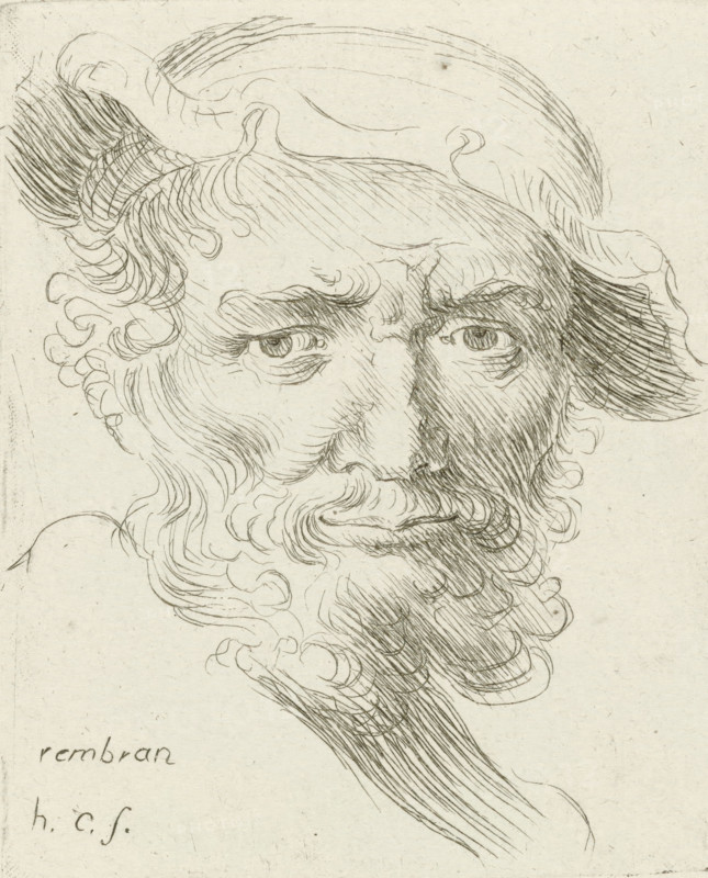 Bust of an old man with beard and hat, print, printmaker: Honoré Coussin, France, after design by Rembrandt van Rijn, 1708 - 1779, paper, etching, roulette, height 107 mm x width 88 mm, head gear: cap (men's clothes), old man, beard, A close-up pen-and-ink drawing of an older man's face and upper chest, rendered with flowing curved lines and hatching; the man has deep-set eyes with heavy brows, a prominent nose, and a full curly beard and mustache that merge into wavy hair; the hair is shown in loose curls and strands, with a hat or head covering suggested by curved lines at the top; shading is created by closely spaced parallel and cross-hatched strokes across the forehead, cheek, and beard; the paper background is light and shows small blemishes and texture.