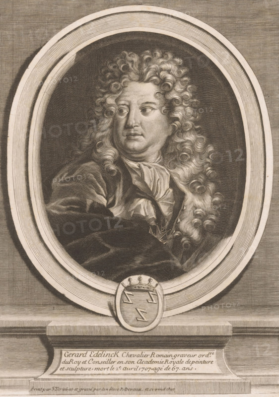 Portrait of Gerard Edelinck, print, printmaker: René Devaux, after painting by Jean Tortebat, c. 1695 - c. 1705, paper, engraving, etching, height 270 mm x width 195 mm, Person, Gerard Edelinck, historical persons, armorial bearing, heraldry, portrait, self-portrait of graphic artist, A detailed engraved oval portrait framed by concentric borders shows a person with long, voluminous curly hair cascading over the shoulders, wearing a loosely draped garment and a tied neckcloth, gazing to the side with a composed expression; the oval sits within an architectural surround with a decorative medallion at the base and horizontal ledges beneath, all rendered in fine line work and crosshatching.