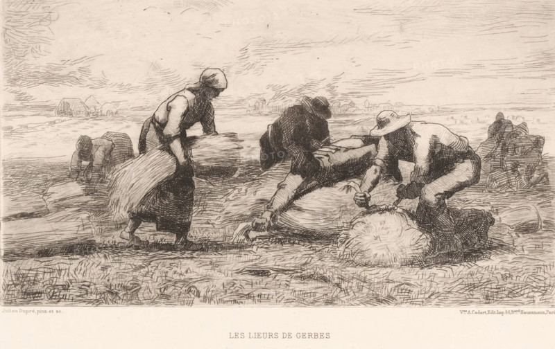 Les lieurs de gerbes, Korenbinders, Schilderijen op het Salon van 1878, Salon de 1878, print, Numbered top right: 453., watermark, printmaker: Julien Dupré, France, publisher: widow Alfred Cadart, Paris, 1878, paper, etching, drypoint, intaglio printmaking technique, height 197 mm x width 277 mm, agriculture, cattle-breeding, horticulture, flowerculture, A wide pencil or ink drawing showing several workers in a field handling bundles of harvested stalks, with some figures bent over tying or lifting sheaves and others standing while holding stacks; the figures wear simple work clothes and hats, and the scene includes rough grass and textured ground in the foreground, low distant buildings and hedges on the horizon, and a sky filled with hatched, linear cloud marks.