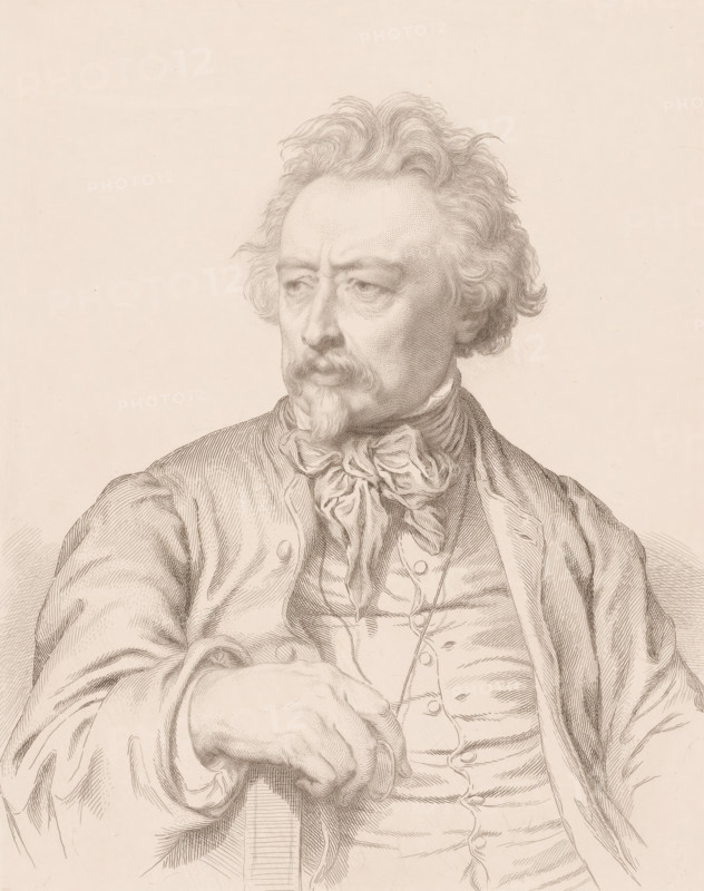 Portrait of Ary Scheffer, print, printmaker: Louis Pierre Henriquel-Dupont, after painting by Léon Benouville, 1858, paper, chine collé, etching, stipple work, etching and stipple work on chine collé, proof for letter, height 409 mm x width 309 mm, Person, Ary Scheffer, historical persons, portrait, self-portrait of artist, A detailed pencil portrait of an older man shown from the torso up, facing slightly to his right, with wavy hair and a mustache with a small pointed beard; he wears a loosely tied scarf around his neck, a buttoned waistcoat beneath a draped coat, and his right hand rests on the arm of a chair; the drawing emphasizes fine line work and shading on the face, hair, clothing, and hand against a plain light background.