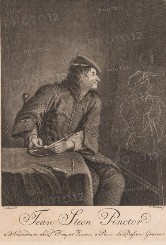 Jean Steen Pinctor, Portrait of Jan Havicksz. Stone, print, printmaker: Jean Heudelot, after painting by Jan Havicksz. Steen, publisher: Pierre Fouquet, Amsterdam, publisher: Pierre François Basan, Paris, 1750 - in or after 1768, Jan Havicksz. Stone, paper, engraving, etching, height 281 mm x width 198 mm, Person, historical persons, portrait, self-portrait of artist, easel, A seated man in period clothing faces right, wearing a beret-style hat and a long buttoned coat with wide cuffs; his hair is shoulder-length and wavy and he has a slight smile. He holds a thin rod or brush in one hand and rests the other near a small dish on a draped table, where a penlike tool lies beside the dish. To the right, an easel or panel shows a faint sketch of a figure wearing a hat, rendered in lighter lines. The scene is rendered in a monochrome engraving style with fine crosshatching and detailed textures on fabric, hair, and background.