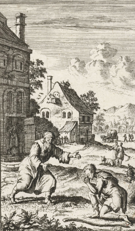 Return of the Prodigal Son, Twenty-four scenes from the New Testament, print, number: '12', printmaker, after print by, Jan Luyken, paper, etching, proof, height 118 mm x width 70 mm, Copy after print from a twenty-four-part series with scenes from the New Testament by J. Luyken, partially included in: Het Nieuwe Testament ofte alle Boecken des Nieuwen Verbondts onses Heeren Iesu Christi. Amsterdam: Hieronymus Sweerts, Jan ten Hoorn, Jan Bouman and Daniel van den Dalen, 1681. The complete twenty-four-part series of prints is included in: Het Nieuwe Testament ofte alle Boecken des Nieuwen Verbondts onses Heeren Iesu Christi. Dordrecht: Pieter and Jacob Keur, 172X (not before 1727). The pictures, either all together or in part, were widely used to decorate New Testaments and also appeared in copy., the parable of the prodigal son (Luke 15:11-32), A detailed black and white etching shows a rural scene with buildings, figures, and landscape. On the left a multi-story building with arches a...