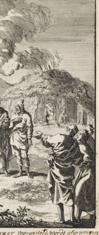 Alexander the charcoal burner proposed to the Congregation as a Teacher, is rejected, Saint Alexander Carbonarius is rejected by the early Christian congregation, print, Series number, 11, 93, H. Alexander Carbonarius is proposed to the early Christian congregation as the new bishop but is rejected by them because of his unkempt appearance. They point at him disapprovingly or turn away., caption: 'Alexander the charcoal burner proposed to the Congregation as a Teacher, is rejected', number: '11', printmaker: Jan Luyken, Amsterdam, 1700, paper, etching, proof, height 135 mm x width 159 mm, Proof of a book illustration for Arnold, Godfried. True representation of the first Christians. Amsterdam: Jacobus van Hardenberg, Barent Visscher and Jacobus van Nieuweveen, vol. 1., debate, discussion (, meeting) - AA - in the open air, the early Christian Churches, e.g. Armenians, Copts, Syrians, male saints (with NAME), A monochrome etched scene shows a rocky, cave-like hillside with layered stria...