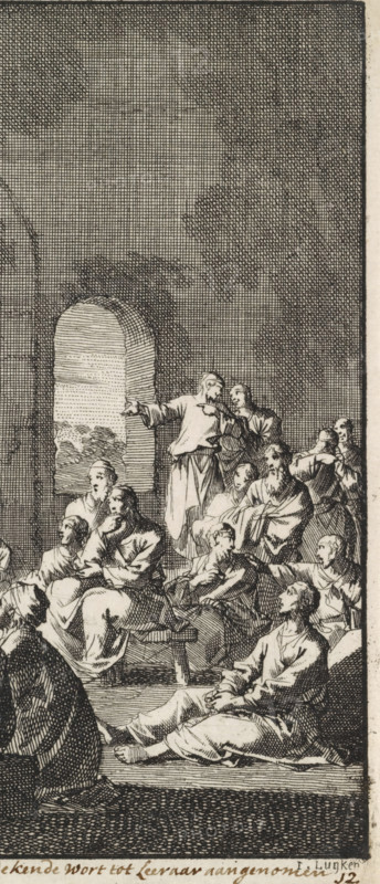 Saint Alexander Carbonarius preaches to the early Christian congregation, Alexander the charcoal burner preaching to the Congregation in a clean robe is accepted as Teacher, print, Series number, 12, 93, H. Alexander Carbonarius preaches to the early Christian congregation. He is wearing a clean robe and has washed himself. The congregation accepts him as the new bishop., number: '12', caption: 'Alexander the charcoal burner preaching to the Congregation in a clean robe is accepted as Teacher', printmaker: Jan Luyken, Amsterdam, 1700, paper, etching, proof, height 134 mm x width 160 mm, Proof of a book illustration for Arnold, Godfried. True representation of the first Christians. Amsterdam: Jacobus van Hardenberg, Barent Visscher and Jacobus van Nieuweveen, vol. 1, preaching (in general), the early Christian Churches, e.g. Armenians, Copts, Syrians, male saints (with name), A vertical black and white etching showing a group of robed figures gathered inside a vaulted interior with a ro...