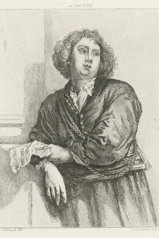Portrait of Henricus Liberti, print, leaning against the wall, with sheet music in his hand., printmaker: Leopold Löwenstam, after drawing by Johannes Arnoldus Boland, after painting by Anthony van Dyck, 1852 - 1898, paper, etching, height 161 mm x width 120 mm, Person, Henricus Liberti, male sex, man, notation of music, A monochrome etching of a young person with curly hair wearing a dark, textured garment with decorative stitching and a chain draped across the torso, a ruffled collar visible at the neckline; the figure leans with an arm resting on a ledge and a hand draped over the edge while the other arm folds across the body, the face turned slightly to the side with a neutral expression and detailed shading around the eyes and cheeks, and background lines suggesting an architectural surface behind the figure.