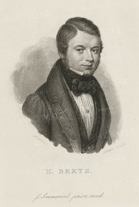 Portrait of Nicolaas Beets, N. Beets, print, Portrait bust facing right of Nicolaas Beets, poet and minister in Heemstede., printmaker: Johannes Philippus Lange, after design by Willem Grebner, publisher: Johannes Immerzeel, 1820 - 1841, paper, steel engraving, height 135 mm x width 105 mm, Person, Nicolaas Beets, A black and white engraved portrait of a man shown from the chest up, facing slightly to the viewer's left, with short wavy hair and sideburns, wearing a high-collared shirt and a dark cravat tied at the neck, beneath a patterned coat with wide lapels. The engraving shows fine stippling and crosshatching for shading, a textured background behind the figure, and additional decorative etching below the portrait.