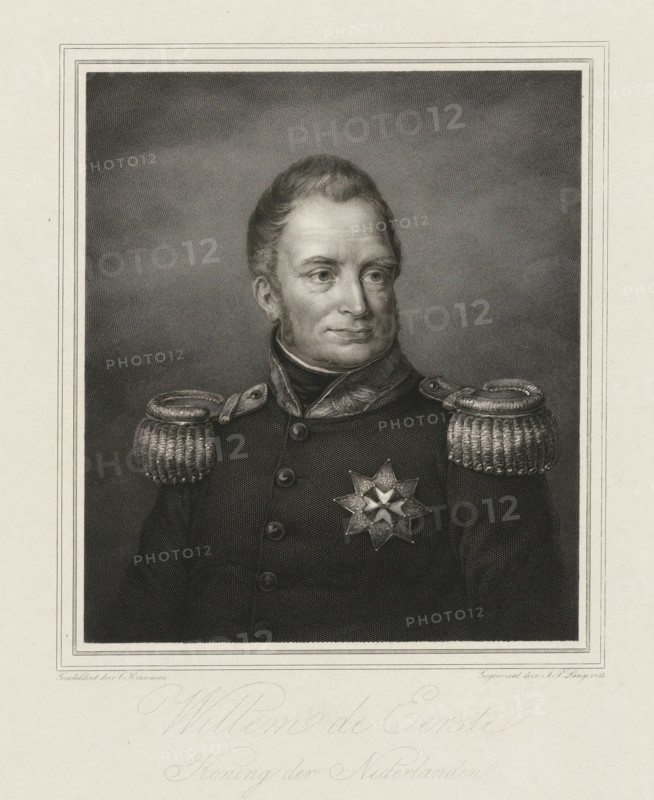 Portrait of William I Frederick, King of the Netherlands, William the First, print, Portrait bust of William I Frederick, bareheaded and clad in a uniform with a star of honor., printmaker: Johannes Philippus Lange, after painting by Cornelis Kruseman, 1835, paper, steel engraving, proof print, height 372 mm x width 280 mm, Person, William I of the Netherlands, A framed black and white engraved portrait of a man shown from the chest up wearing a dark military coat with prominent braided shoulder epaulettes and a high collar, the coat fastened with visible round buttons and decorated with a multi-pointed star badge on the left side; the man has short, neatly combed hair, sideburns, and a composed facial expression with eyes looking slightly to his right, and the background within the frame is textured with fine crosshatching while the surrounding mat is plain.