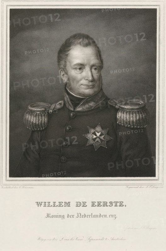 Portrait of William I Frederick, King of the Netherlands, William the First, etc., print, Portrait bust of William I Frederick, bareheaded and clad in a uniform with a star of honor., printmaker: Johannes Philippus Lange, after painting by Cornelis Kruseman, printer (person): JF Brugman, publisher: L. van der Vinne, Amsterdam, 1835, printer (person), paper, steel engraving, proof print, height 372 mm x width 280 mm, Person, William I of the Netherlands, A monochrome engraved portrait of a man shown from the chest up, turned slightly to his right. He has short, neatly combed hair and sideburns, and a composed facial expression. He wears a dark military coat with a high collar and decorative shoulder epaulettes, each with a textured, braided appearance. The coat has a row of round buttons down the front and a large, star-shaped medal pinned on the left side of his chest. The background is a finely textured, shaded field framed by a thin decorative border, and the lower portion of the ima...