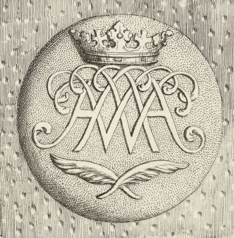 Monogram of William III, print, Monogram in a circle of William III, Prince of Orange-Nassau, King of England. With crown and two crossed palm branches., printmaker: Gerard de Lairesse, 1651 - 1711, paper, etching, height 95 mm x width 95 mm, letter combinations such as letterword, anagram, letter square, monogram, A detailed pen-and-ink drawing shows an oval medallion with fine stippling and crosshatching, topped by an ornamental crown with rounded points and decorative flourishes, and framed by swirling acanthus-like scrolls; below the scrollwork two stylized wings curve inward toward each other; the background surrounding the oval is filled with vertical woodgrain lines and scattered short hatch marks, and the entire image is rendered in monochrome ink on a textured paper.