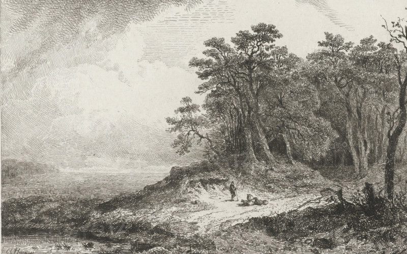 Landscape with shepherd, print, Wooded landscape with a shepherd with staff and sheep. A small lake on the left., printmaker: Constantinus Cornelis Huysmans, Breda, Paris, 1820 - 1886, paper, chine collé, etching, engraving, etching and engraving on chine collé, height 135 mm x width 176 mm, herding, herdsman, herdswoman, shepherd, shepherdess, cowherd, forest, wood, A monochrome etching shows a shoreline with water on the left and a wooded area on the right, rendered with fine lines and crosshatching; a sandy or dirt path runs from the foreground toward the trees, where a small standing figure faces a seated or reclining figure nearby; dense trees with textured trunks and leafy canopies occupy the right side, and sketched clouds and atmospheric line work fill the sky above the landscape.