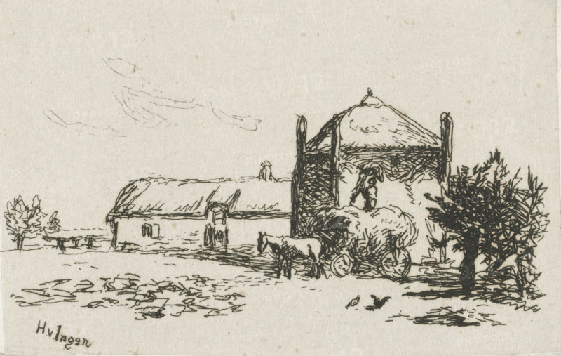 Farm with haystack, print, A farm with a haystack. In front of the haystack stand a horse and wagon with hay. On the wagon stands a man stacking the hay., printmaker: Henry van Ingen, The Hague, Poughkeepsie, 1844 - 1898, paper, chine collé, etching, etching on chine collé, proof print, height 46 mm x width 74 mm, farm or solitary house in landscape, hay-stack, A simple ink sketch on a light textured background showing a rural scene with a thatched-roof farmhouse and an adjacent taller barnlike structure with a conical roof detail, both rendered with loose, short strokes. In front of the taller building a horse stands beside a cart loaded with hay, and another smaller animal is nearby. Trees with dense, scribbled foliage appear at the right and a small cluster of trees sits at the left. Ground textures and short marks suggest grass and patches of earth across the foreground, and faint, wispy cloud lines are visible in the sky.