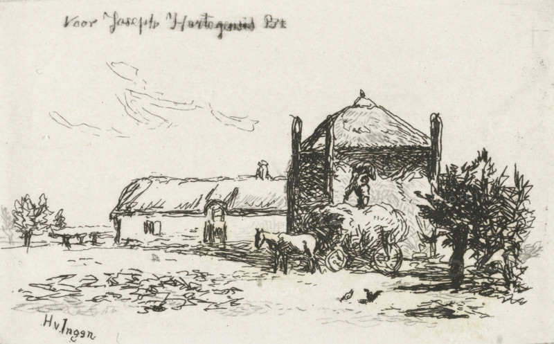 Farm with haystack, print, A farm with a haystack. In front of the haystack stand a horse and wagon with hay. On the wagon stands a man stacking the hay., printmaker: Henry van Ingen, The Hague, Poughkeepsie, dedicated to: Joseph Hartogensis, 1844 - 1898, paper, chine collé, etching, etching on chine collé, height 46 mm x width 74 mm, farm or solitary house in landscape, hay-stack, A black ink sketch on light paper shows a rural scene with a thatched building and an adjacent taller round structure with a conical roof, both rendered with loose, varied line work; a cart piled with hay sits near the round structure with a person perched atop the hay, and an animal stands harnessed to the cart; trees with clustered foliage appear on both sides of the composition and simple cloud outlines float in the sky; the foreground contains uneven ground textures and a few small birds or shapes on the surface.
