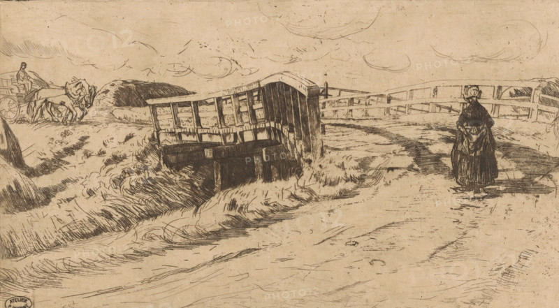 Country road with bridge, print, A wooden bridge in a landscape with haystacks. On the left, a hay wagon drawn by two horses. On the right, a walking farm woman., printmaker: Pieter Dupont, North Holland, 1895-01, paper, zinc etching, intaglio printmaking technique, height 156 mm x width 283 mm, hay-wagon, bridge, walking - AA - female human figure, A monochrome sketch of a rural scene showing a rough dirt path leading toward a small wooden bridge with a slatted railing, surrounded by textured grasses and low mounds; a figure in dark clothing stands on the right side of the path facing away, while a cart drawn by two animals and a seated driver appears on the left near the bridge; a low fence extends across the middle ground and faint, swirling clouds are sketched in the sky.