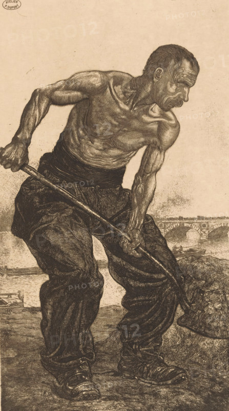 Homme de Peine (original title), L'Outillage (original series title on object), print, A dockworker with a shovel. The man has a bare torso. In the background a bridge over the Seine., workshop stamp: 'ATELIER P. DUPONT', printmaker: Pieter Dupont, Amsterdam, 1901, Pieter Dupont, printmaker, paper, etching, intaglio printmaking technique, height 318 mm x width 178 mm, working class, laborers, bridge in city across river, canal, partially clothed, Paris, Seine, A tall, muscular man shown from head to feet is leaning forward while gripping a long pole with both hands; he is shirtless, wearing loose trousers and sturdy shoes, with a belt or sash around his waist. His face is turned to the side, showing a mustache, short hair, and a stern expression, and his arms and torso display prominent muscles and detailed skin texture. The pole extends down toward a heavy, textured object near his feet that resembles a piled mass or bundle. In the background there is a body of water with small boats ...