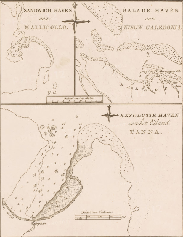 Map of the coasts of the islands of Malakula, New Caledonia, and Tanna, print, book illustration, map, Series number, 21, 51, Numbered top right: 21., publisher: Abraham Honkoop (II), Leiden, publisher: Johannes Allart, Amsterdam, publisher: Isaac van Cleef, The Hague, 1799 - 1800, printmaker, paper, etching, height 274 mm x width 216 mm, A faded sepia-toned map printed on paper shows coastal outlines, islands, and reef patterns with stippled and dotted textures indicating shallow areas and submerged features, punctuated by small numerical depth markers and clusters of tiny plus-shaped symbols. The map includes two ornate compass roses with north-pointing fleur-de-lis, a rectangular distance scale bar with segmented marks, and a thin horizontal border line separating the top and bottom map sections. The coastlines are drawn with irregular hand-drawn lines and shaded sandflats, small inland contours, and a few tiny islets and rocks depicted near the shores. The lower portion shows a lar...