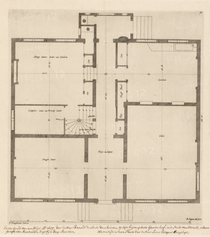Floor plan of the ground floor of the Gansenhoef house in Maarssen, print, book illustration, Series number, 27, 48, Numbered top right: 27. Built in 1655., inscription: 'First Ground of a House Ao. 1655, built by Mr. Remond de Smit on his country estate Gansenhoef, in the Diocese of Utrecht, under the jurisdiction of Maerseveen, close to the village of Maerssen, NB formerly this place was laid out by Mr. Lucas Rotgans.', printmaker: Bastiaen Stopendael, Amsterdam, after design by Philips Vinckboons (II), 1715, paper, etching, paste, pasted on an album page, height 300 mm x width 271 mm, country-house, plan, architecture, Maarssen, A detailed architectural floor plan rendered on aged paper showing thick dark outlines for walls and thinner interior partition lines, with rooms of varying sizes separated by corridors and a central vertical axis; a spiral staircase with radiating steps and a circular core appears near the center, adjacent to narrow rectangular rooms and small enclosed spac...