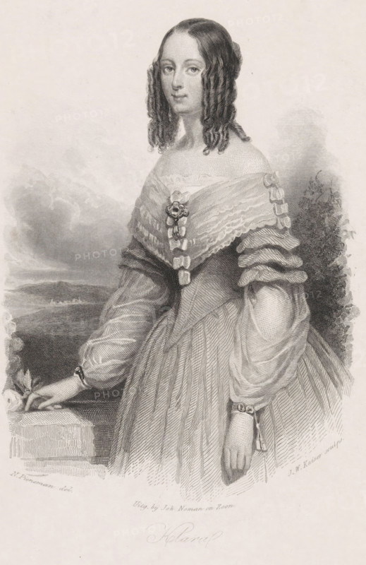 Portrait of Klara, print, half-length to the left, with curls. In the background a landscape and clouds., printmaker: Johann Wilhelm Kaiser (I), after drawing by Nicolaas Pieneman, publisher: Noman & Zoon, Johan, 1823 - 1900, paper, etching, roulette, engraving, roulette and engraving, height 210 mm x width 144 mm, adolescent, young woman, maiden, A monochrome engraved portrait of a woman shown from head to below the waist, standing and facing slightly toward the viewer. She has long, dark hair styled in ringlet curls that frame her face and are pulled back at the crown. Her expression is neutral and her gaze is directed forward. She wears an off-the-shoulder dress with a wide, textured collar decorated with a central ornamental brooch and rows of small bows along the collar edge. The bodice shows pleated and draped fabric leading into a voluminous skirt with vertical pleats. Her sleeves are puffed and layered with decorative bands, and she wears bracelets at her wrists; one hand rests...