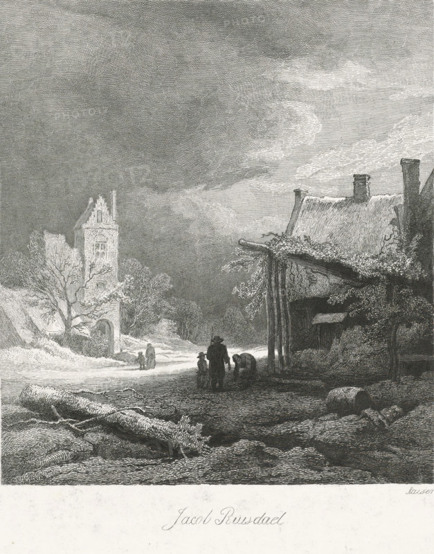 Dutch Masters, Winter landscape with tower, print, Series number, 18, 25, A winter landscape with three figures and part of a house in the foreground. In the background, two figures near a tower. The print is part of a series of 25 prints after Dutch Masters. Above the image: PL XVIII., printmaker: Johann Wilhelm Kaiser (I), after painting by Jacob Isaacksz van Ruisdael, 1823 - 1900, paper, chine collé, etching, height 0 mm x width 0 mm, landscape with tower or castle, A monochrome etching showing a rural scene with a dramatic sky filled with textured clouds above a landscape of trees, buildings, and a dirt road; on the left a tall stone tower with architectural detailing stands near leafless trees and a small archway while on the right a thatched-roof structure with visible roof support posts and chimneys projects overgrown vegetation; in the foreground a large fallen log and rough ground textures lead toward figures on the road, including an adult standing with two children and anoth...