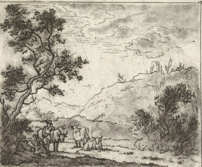 Landscape with shepherd and cows, print, Hilly landscape with a shepherd, leaning on a cow, in conversation with a seated shepherdess. Beside them two cows. In the background on a hill a tower. More edited than previous state., printmaker: Johannes Janson (possibly), printmaker: Johannes Christiaan Janson (possibly), printmaker: Pieter Janson (possibly), 1739 - 1851, inorganic material, paper, chalk, etching, etching and chalk in black, height 74 mm x width 89 mm, pastorals, Arcadian scenes, cow, A monochrome sketch showing a landscape with trees and foliage framing a central clearing, a large leaning tree with textured leaves on the left and smaller leafy bushes on the right, a distant ridge or hillline across the middle, and a partly cloudy sky with wispy cloud outlines; in the foreground there are simple outlines of a standing animal and a seated figure near it, all rendered in soft, stippled and linear charcoal-like marks.